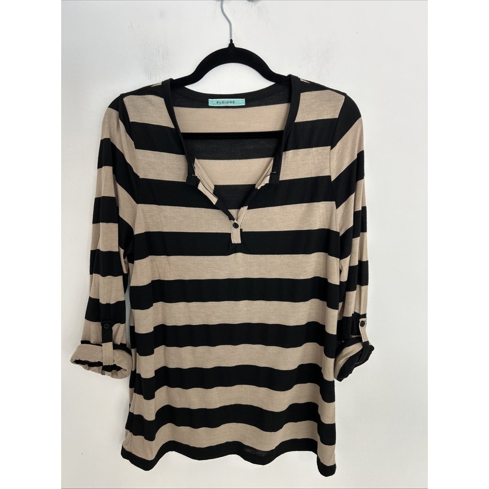 Pleione Women's XL Black Tan Striped V-Neck Rolled Up Sleeve Light Comfy Top
